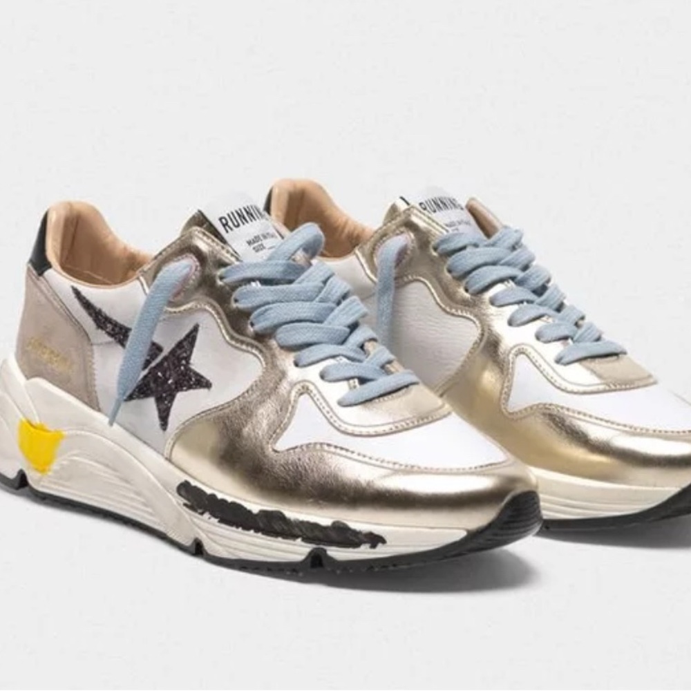 NWOT Golden Goose Silver/Gold & Beige Running Sole Sneakers